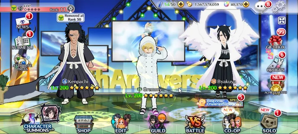 Bleach: Brave Souls Accounts Mid-Tier [GLOBAL]|40K Orb|Kenpachi+Gremmy 9th,Ichigo 7th,Nellier+Rangiku 10th Art,Byakuya 2