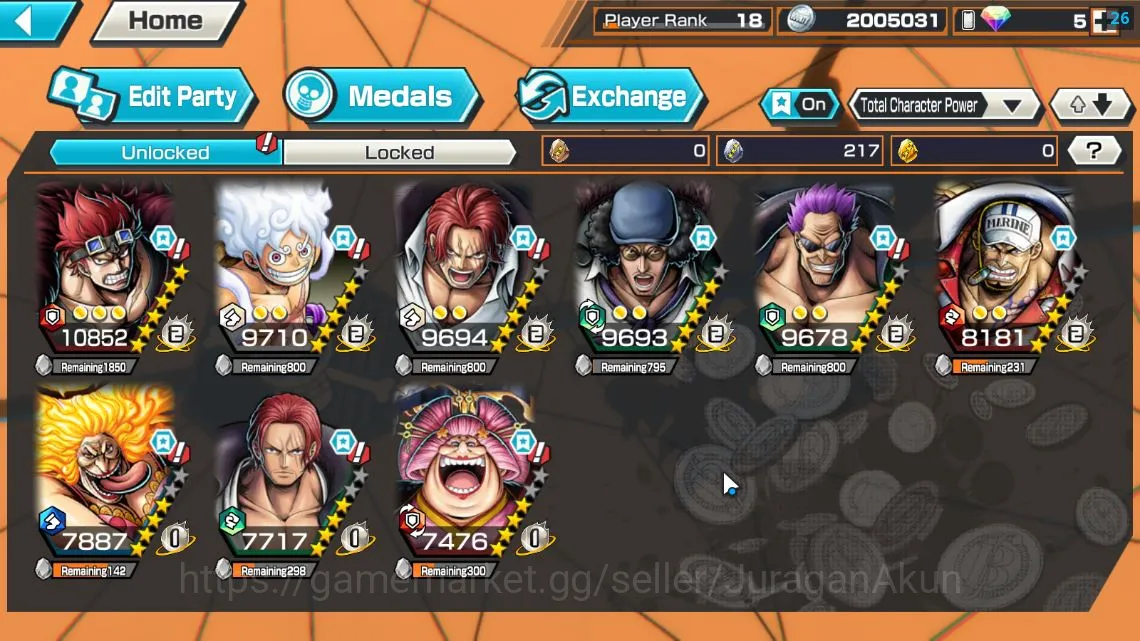 One Piece Bounty Rush Accounts Mid-Tier Global| 8 META EX|TEF Luffy,Fleet Admiral Akainu,BlackBeard Kuzan,FR Shanks,DD 5