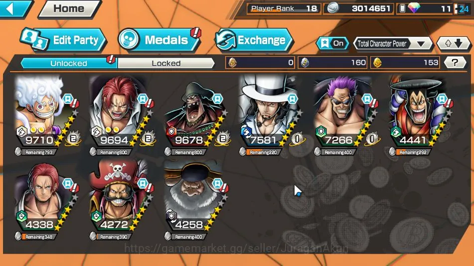 One Piece Bounty Rush Accounts Mid-Tier Global| 9 META EX|TEF Luffy,Divine Depart Shanks,FR Shanks,King Pirates Gold D Roger 4