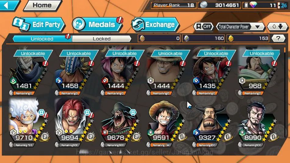 One Piece Bounty Rush Accounts Mid-Tier Global| 9 META EX|TEF Luffy,Divine Depart Shanks,FR Shanks,King Pirates Gold D Roger 9