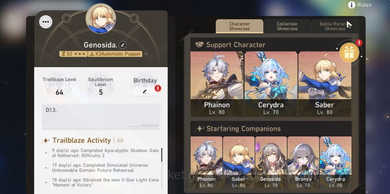 Honkai Star Rail Accounts Mid Game ASIA|TL 64|4 Limited |[Saber+Sign,Archer+Sign,Phainon,Cerydra]|7K SJ|Amphoreus|Take Email 3