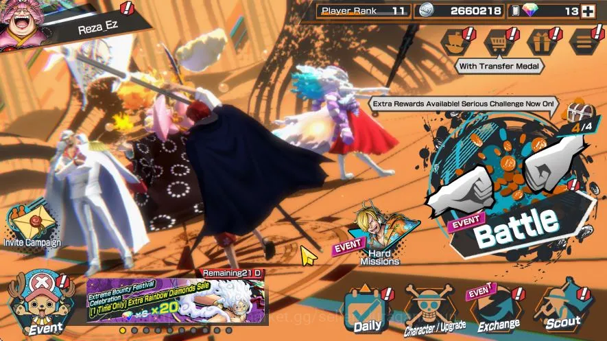 One Piece Bounty Rush Accounts Mid-Tier Global |6 Meta Extreme[Gear Four Luffy,Shanks,Sakazuki,Olin the