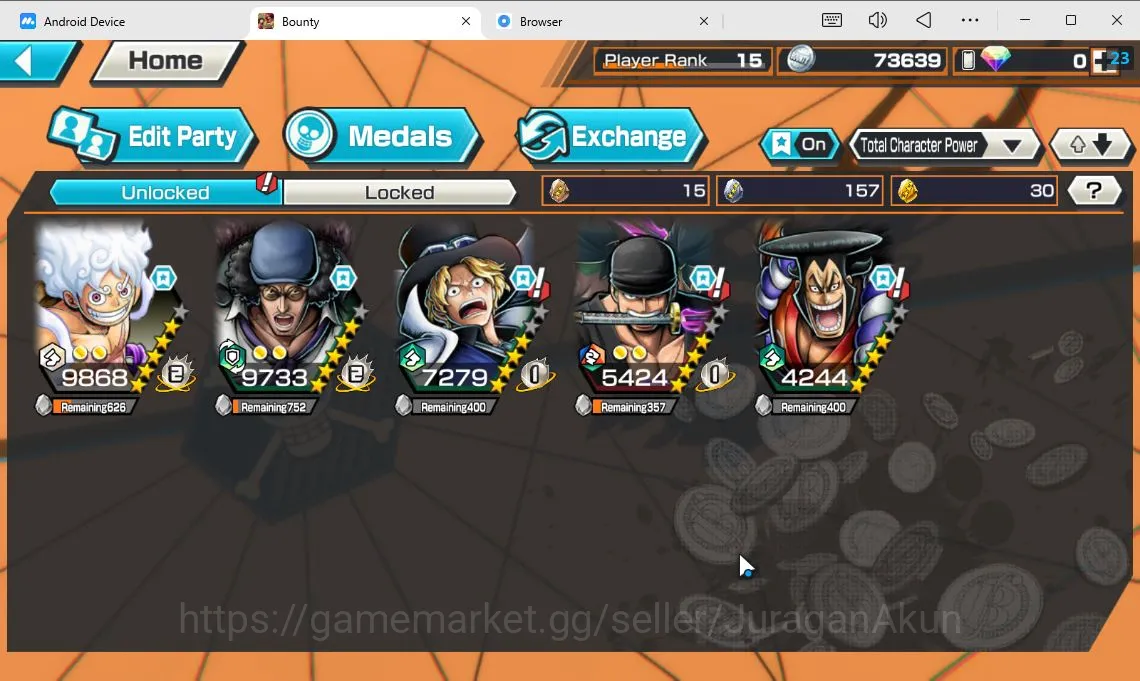 One Piece Bounty Rush Accounts Mid-Tier Global| 5 META EX|TEF Luffy,BlackBeard Kuzan,Flame Emperor Sabo,Onigas Roronoa Zoro
