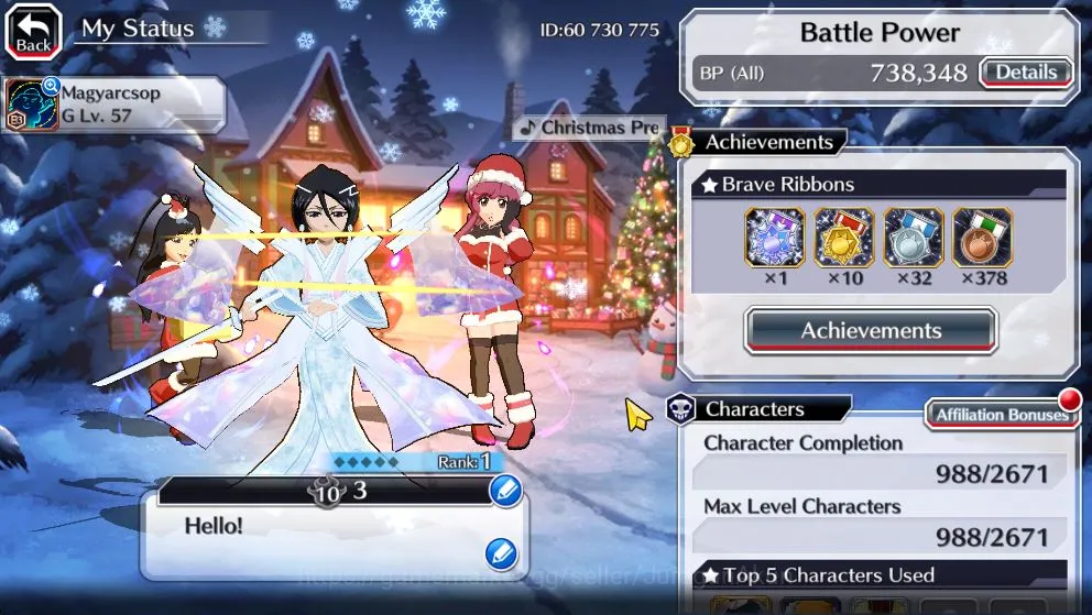 Bleach: Brave Souls Accounts Mid-Tier [GLOBAL]48K Orb|Rukia 10th Anniv,Santa Society(Giselle,Meninas,Bazz-B),Liltotto 2