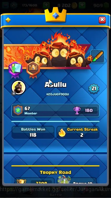Clash Royale Accounts Midgame Lvl 21|Trophy 3309|KTL 8|Limited Skin| Card 61 | 3 Evo, 11 Epic, 24 Rare, 26 Common | 909 Gems 3