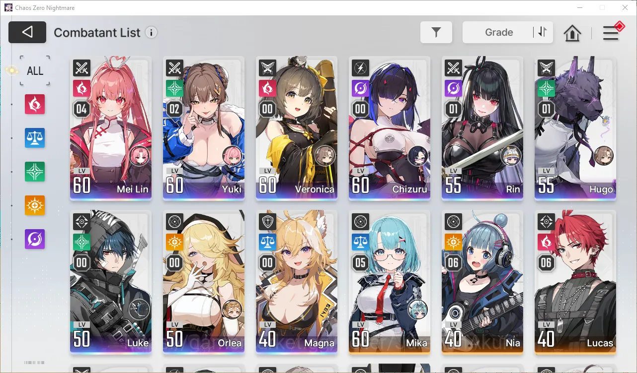 Chaos Zero Nightmare Accounts GLOBAL Lv52| 3k Cry| 9 SSR 2 Limit (YukiM2,Chizuru), MeiLinM4+Scarlet (WellBuild 2