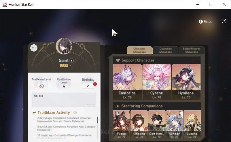 Honkai Star Rail Accounts Mid Game ASIA|TL 60|10 Limited|(Castorice,Lingsha)+Sign [Cyrene,Sunday,Luocha,Hysilens,Fugue 2