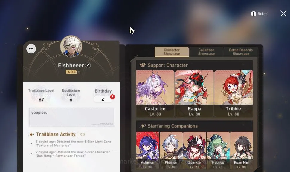 Honkai Star Rail Accounts Mid Game ASIA|TL 67|12 Limit|[Castorice,Acheron,Sparkle]+Sign Phainon,3B,HuoHuo,Dante,Etc|MC 3