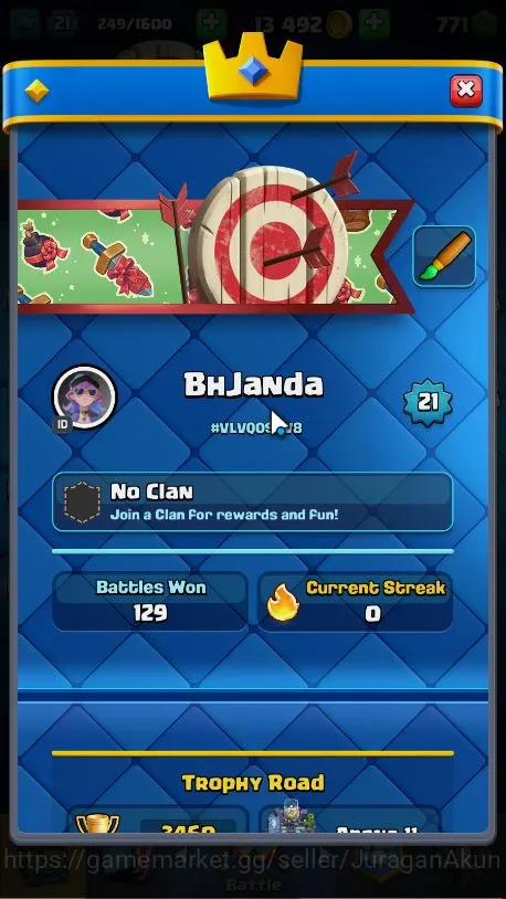 Clash Royale Accounts Midgame Lvl 21|Trophy 3460|KTL 8|Limited Skin |Card 65|1 EVO,15 Epic,24 Rare,26 3