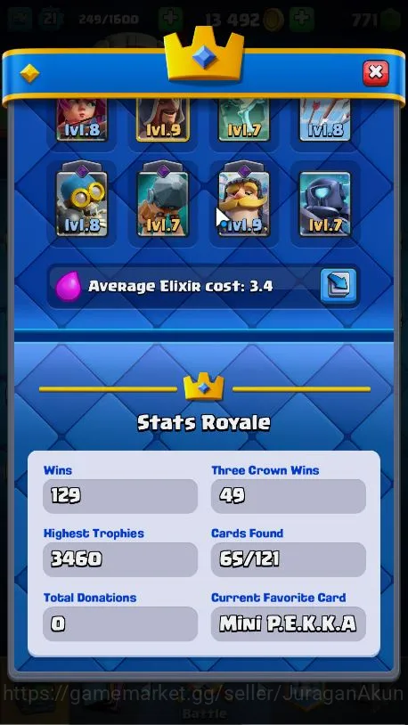 Clash Royale Accounts Midgame Lvl 21|Trophy 3460|KTL 8|Limited Skin |Card 65|1 EVO,15 Epic,24 Rare,26 4