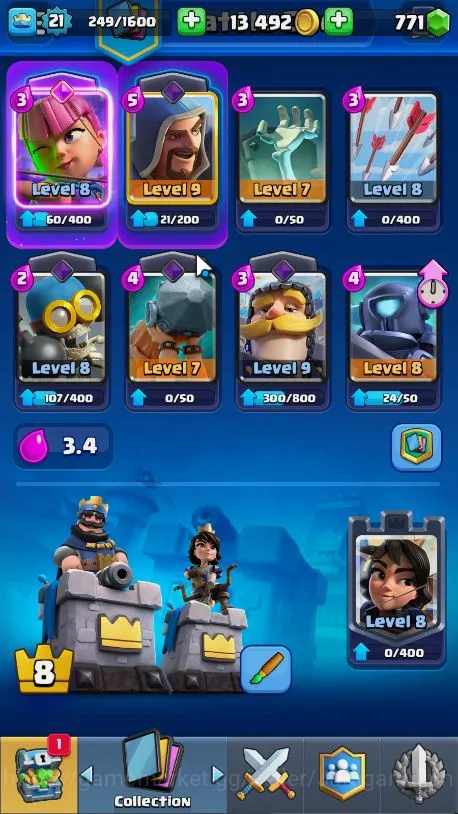 Clash Royale Accounts Midgame Lvl 21|Trophy 3460|KTL 8|Limited Skin |Card 65|1 EVO,15 Epic,24 Rare,26 5