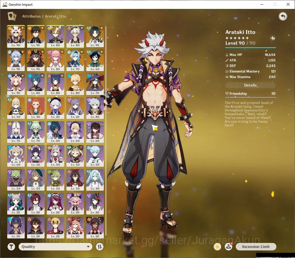 Genshin Impact Accounts End Game ASIA|AR 57|7 Limited+4 (5* Weapon)|[AratakiIttoC1,GanyuC1]+Sign,HuTaoC1,Etc|31 (4* Char)|MC 2