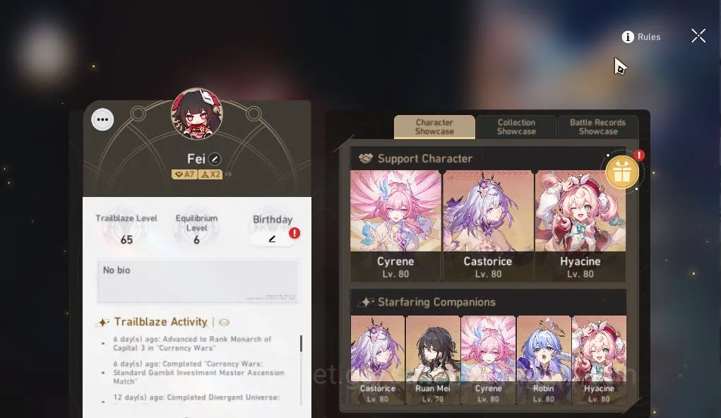 Honkai Star Rail Accounts Mid Game ASIA|TL 65|11 Limited |Castorice+Sign,Hyacine+Sign,Cyrene,Sunday,Robin,Black 2
