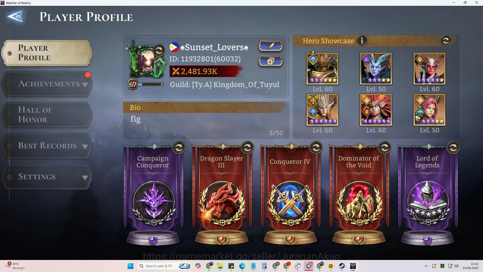 Watcher of Realms Accounts End-Game Sv 60xxx|Power 2.4M|6Lord(Valderon,Praetus,Torodor,Aracha)+35 Legendary|2k Diamond|Many 2