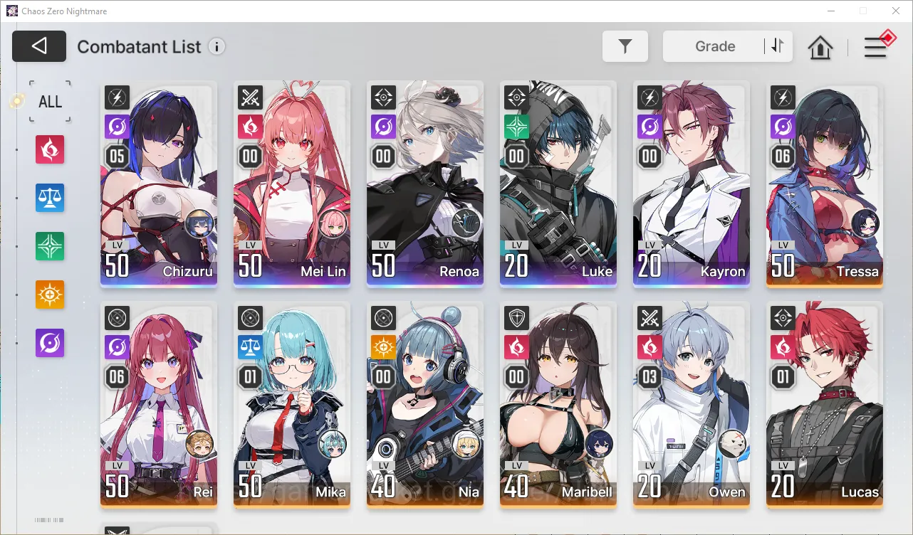 Chaos Zero Nightmare Accounts Global Lv44| 5 SSR (ChizuruM5+Itsuku(Sign),MeiLin,Renoa,Luke,Kayron) + 8 SR 2