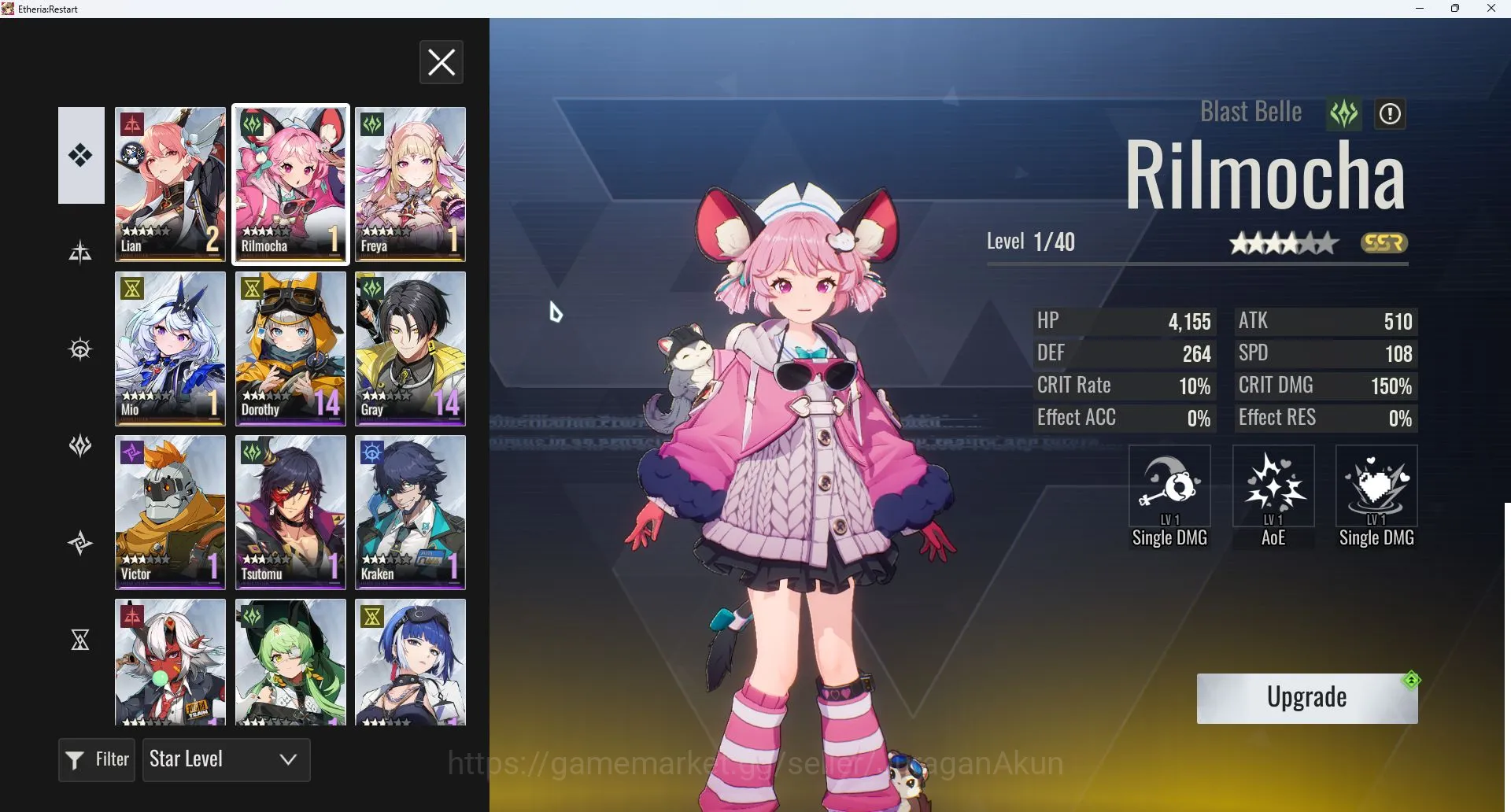 Etheria: Restart Accounts Mid‑Tier [Global Server] MC male|Start Account 20Char,4SSR【Lian,Rilmocha,Mio, Limit 4