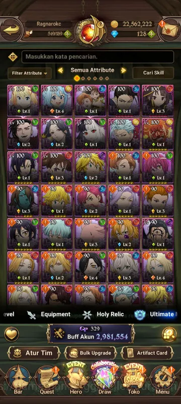 The Seven Deadly Sins: Grand Cross Accounts Midgame Asia |2,9M CC| 4UR + Full Collab Konosuba + 128 Gems (King&Diane 2