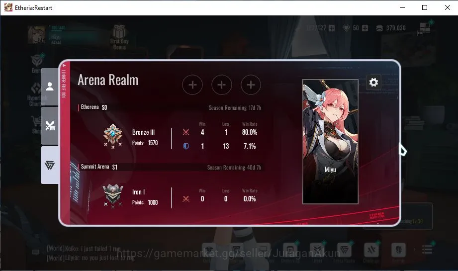 Etheria: Restart Accounts Mid‑Tier Asia-S10|7 SSR(Massiah, Rilmocha, Tiamat, RosaP1, FuqiuP1,etc)+24SR Animus |Female MC|Log 3