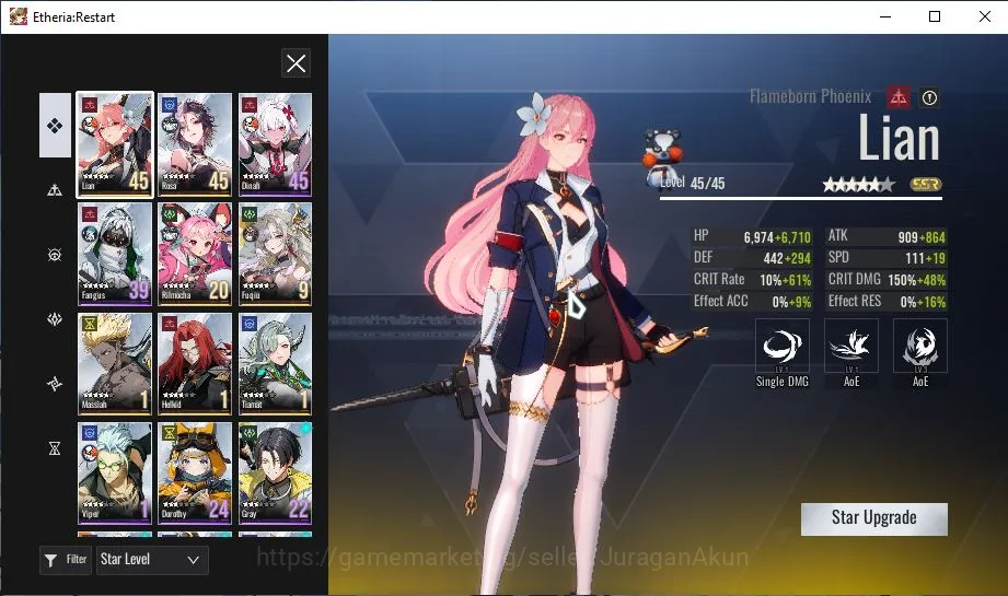 Etheria: Restart Accounts Mid‑Tier Asia-S10|7 SSR(Massiah, Rilmocha, Tiamat, RosaP1, FuqiuP1,etc)+24SR Animus |Female MC|Log 4