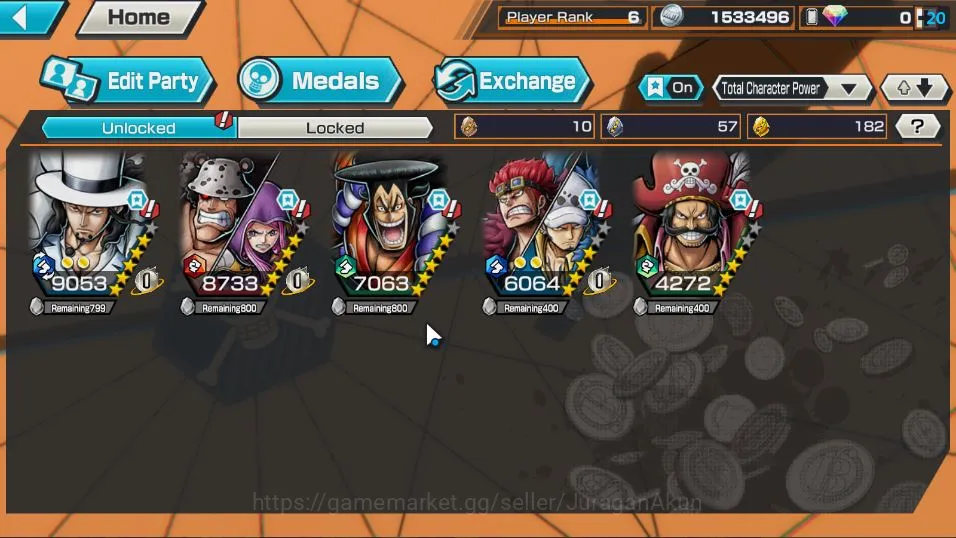 One Piece Bounty Rush Accounts Mid-Tier Global| 4 META EX | Awaken Lucci, Daimyo Oden, Oniga Kid & Law, Pirates Roger | Rank 4