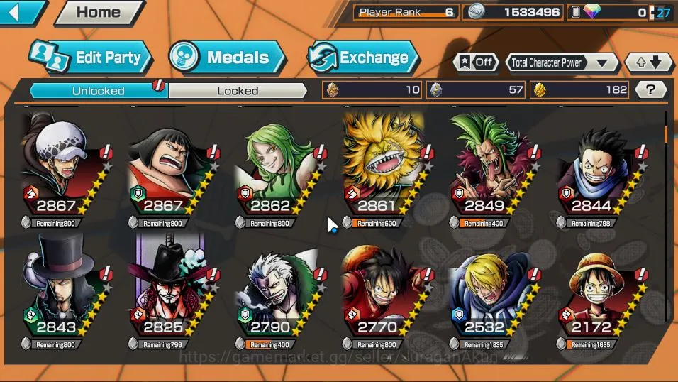 One Piece Bounty Rush Accounts Mid-Tier Global| 4 META EX | Awaken Lucci, Daimyo Oden, Oniga Kid & Law, Pirates Roger | Rank 6
