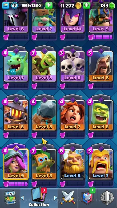 Clash Royale Accounts Midgame Lvl 23|Trophy 3243|Limited Skin|KTL 9|Card 67|3 EVO,18 Epic,23 Rare,26 Common|Gems 5