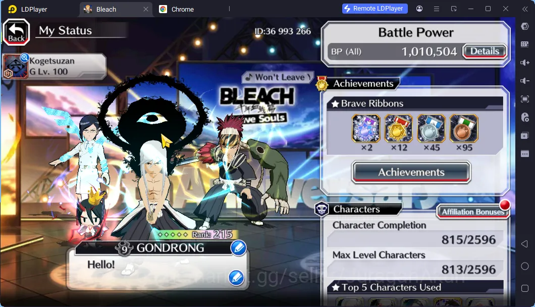 Bleach: Brave Souls Accounts High-End GLOBAL 16K Orb|2 MT(Renji TYBW25,Gremmy 9th) + 13 Char 5/5(Trio TYBW25, Gremmy 9th 6