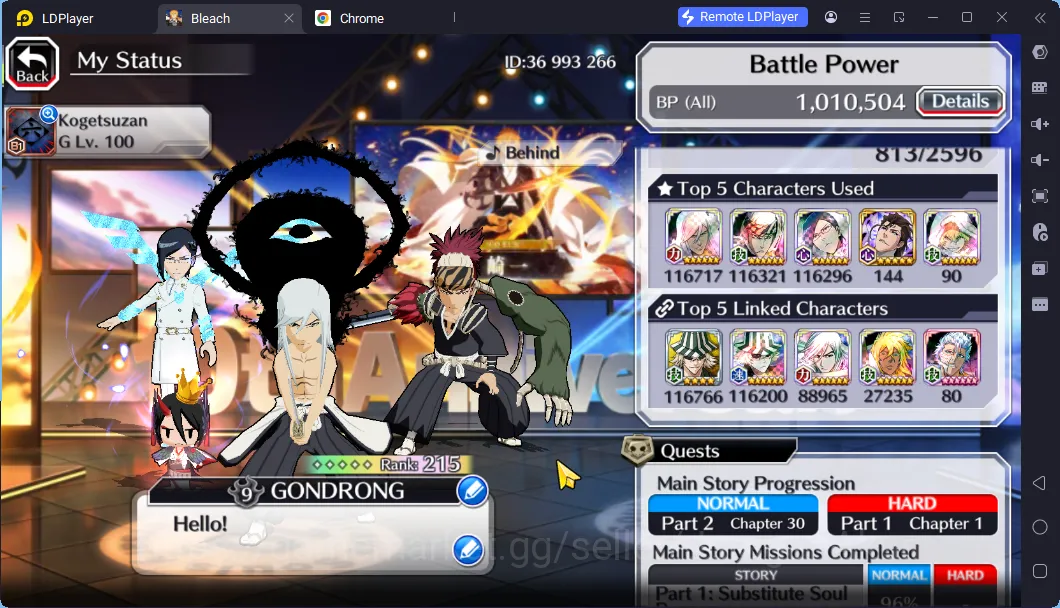 Bleach: Brave Souls Accounts High-End GLOBAL 16K Orb|2 MT(Renji TYBW25,Gremmy 9th) + 13 Char 5/5(Trio TYBW25, Gremmy 9th 7