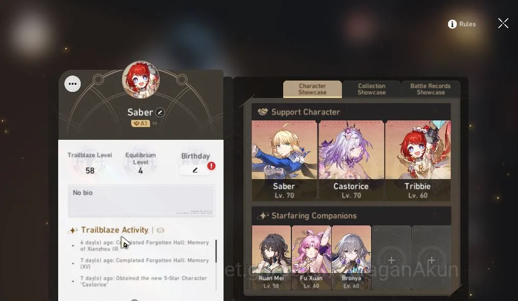 Honkai Star Rail Accounts Mid Game Asia|TL 58|5 limited|Saber+Sign,Castorice,B3,Ruan Mei E1,Dante,Archer|Mc 3