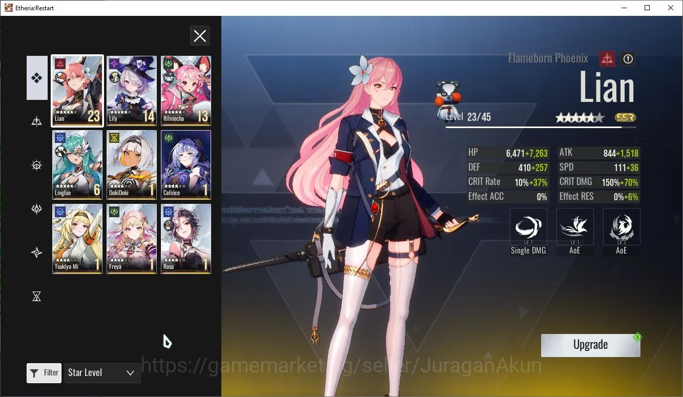Etheria: Restart Accounts Mid‑Tier Global-S3| 9 SSR (Lingluo,Rilmocha,Celince,TsukiyoMi,Freya.etc) + 23SR Animus|MaleMC|Log 3
