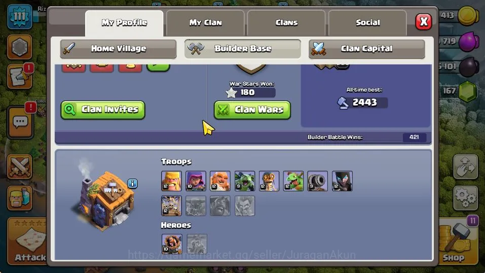 Clash of Clans Accounts Mid-Tier TH 12 - BH 7|LV 111|Limited Skin Hero|HH 5|BK 46,AQ 50,GW 20,MP 30,RC 0|Gems 181|CN 5