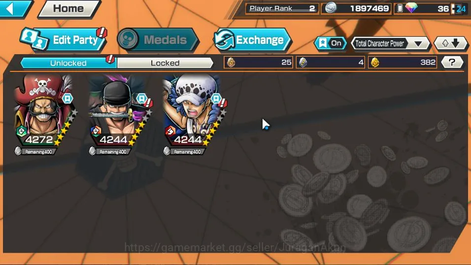 One Piece Bounty Rush Accounts Mid-Tier Global| 3 META EX | KoP GD Roger, Onigashima Zoro, Trafalgar Law | Rank 2 |Log 4
