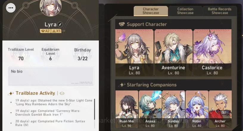 Honkai Star Rail Accounts End Game ASIA|Free ZZZ|TL 70|17 Limited |Castorice+Sign,Hyacine+Sign,Acheron+Sign,Etc|MC 5