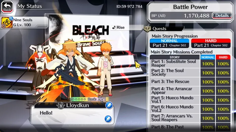 Bleach: Brave Souls Accounts Mid-Tier Global BP 1,1M|11K Orb|6 MT[CreatorArt(Ichigo,Renji),TYBW25(Askin,Ichigo),CangDu 3