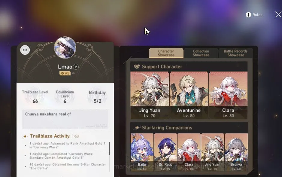 Honkai Star Rail Accounts Mid Game ASIA|TL 66| 15 Limited|The Dahlia,Acheron,Phainon,Castorice,Avent,Hyacine,Rapa,Etc|MC 2