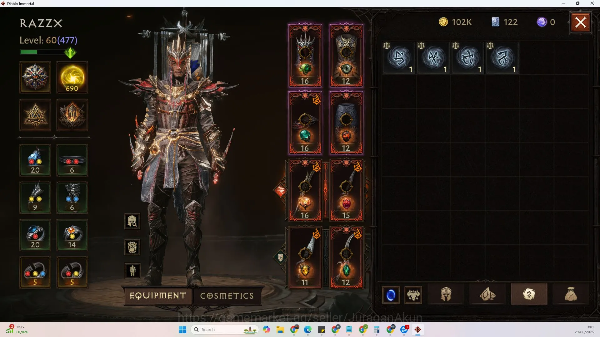 Diablo Immortal Accounts Mid-Tier SEA - peth|Lv60(477),Tempest(60,471)CR31k|Reso 690|Hell 3Paragon slayer Hellquary lv 4