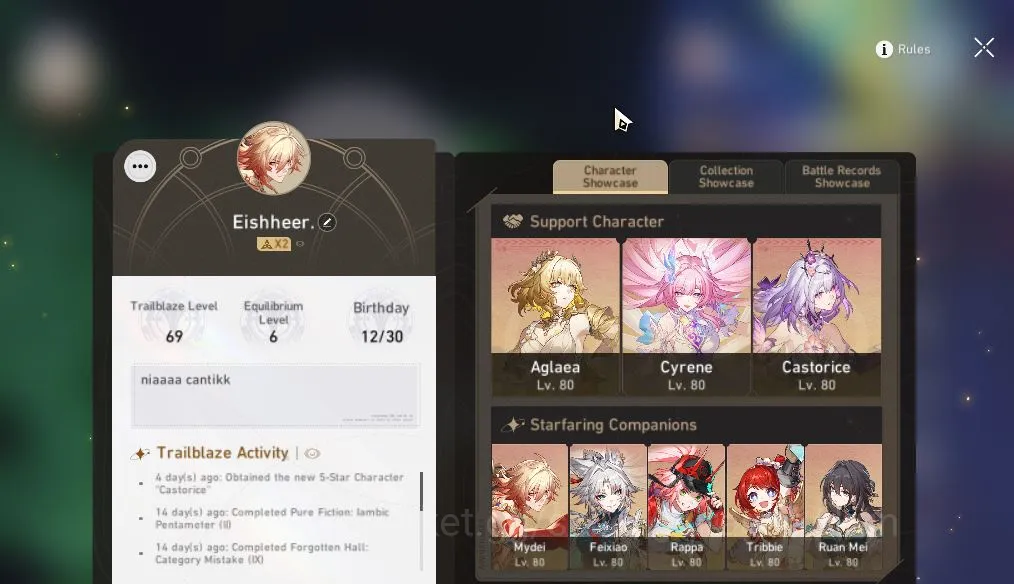 Honkai Star Rail Accounts Mid Game Asia| TL 69| 12 limited |Feixiao+Sign,Castorice,Cyrene,B3,Mydei,Aglaea,Rappa,Etc|Mc 5