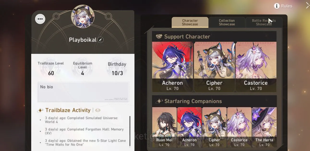 Honkai Star Rail Accounts Starter ASIA|TL 60 |8 Limited |[Acheron,Jiaoqiu,Cipher,Castorice,ETC]|MC Female|The Xianzhou 3