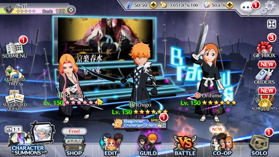 Bleach: Brave Souls Accounts Mid-Tier GBL|50K Orbs+Senkaimon Quest|Santa Society(Giselle,Bazz-B),Retsu