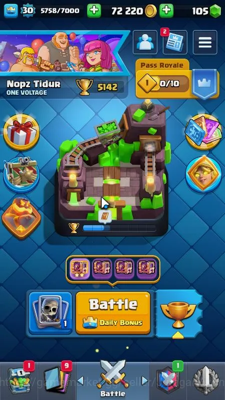 Lvl 30|Trophy 5142|KTL 11|Limited Skin|Card 104|4 EVO,1 Champ,16 Legend,28 Epic,30 Rare,29 Common|Take Email(CR985) Clash Royale Starter Lvl 30|Trophy 5142|KTL 11|Limited Skin|Card 104|4 image 1