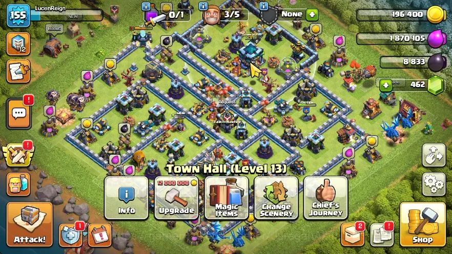 TH 13 - BH 8|LV 155|Limited Skin Hero|HH 7|BK 52,AQ 54,GW 30,MP 31,RC 7|Gems 462|CN OFF|Protect OFF|TAKE MAIL(COC1718) Clash of Clans Mid-Tier TH 13 - BH 8|LV 155|Limited Skin Hero|HH 7|BK 52,A image 1