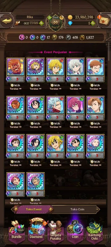 The Seven Deadly Sins: Grand Cross Accounts Endgame Asia |3M CC| 1LR + 5UR + Collab TOG (Ludociel, Mael, EliMeli, Thor, DKM 5