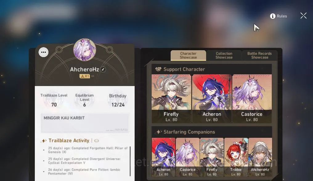 Honkai Star Rail Accounts Mid Game ASIA|TL 70| 11 Limited |[Castorice E1,Feixiao,Acheron]+Sign,Hysilens,B3,Etc|MC 4