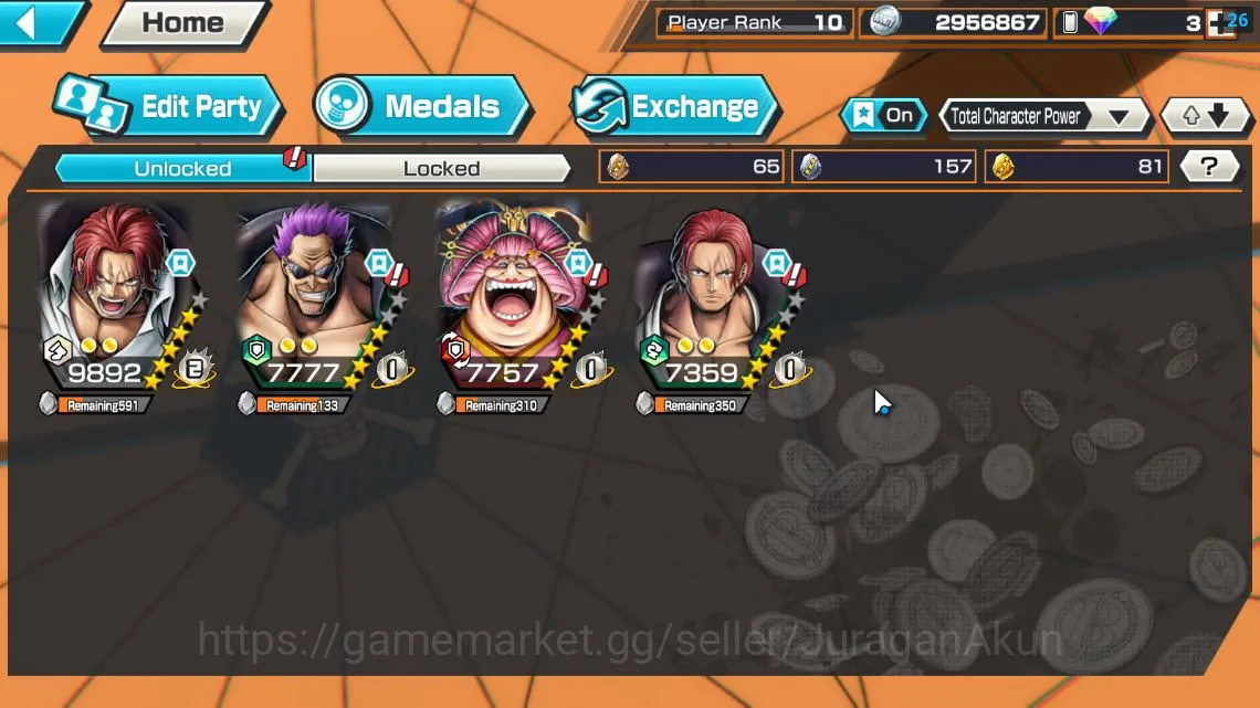 One Piece Bounty Rush Accounts Mid-Tier Global| 4 META EX|Divine Departure Shanks,FR Shanks,FZ Zephyr,Olin The Oiran|Rank 5