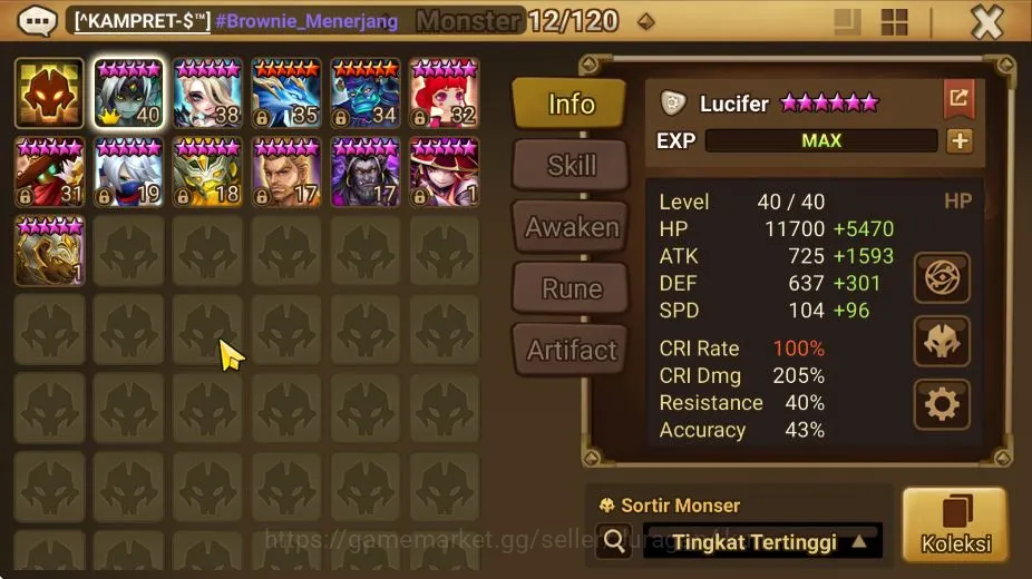 Summoners War: Sky Arena Accounts Mid-Game ASIA |Lv 100|1 LD Lucifer G skin|37+NB5(Leo,Andriana,Riley)|Fast Farm|Speed 4