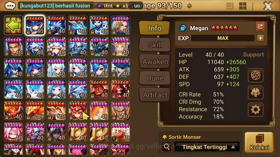 Summoners War: Sky Arena Accounts Mid-Game ASIA |Lv 100|1 LD Lucifer G skin|37+NB5(Leo,Andriana,Riley)|Fast Farm|Speed 5