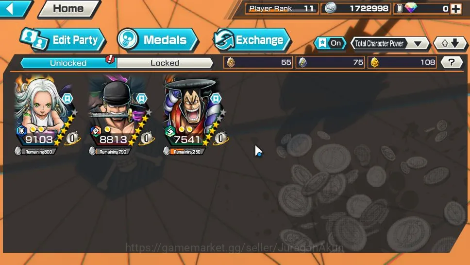 One Piece Bounty Rush Accounts Mid-Tier Global | 3 META EX | Kozuki Oden, Roronoa Zoro, S-Snake | Rank 11 | Log Bandai 3