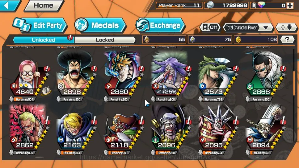 One Piece Bounty Rush Accounts Mid-Tier Global | 3 META EX | Kozuki Oden, Roronoa Zoro, S-Snake | Rank 11 | Log Bandai 5