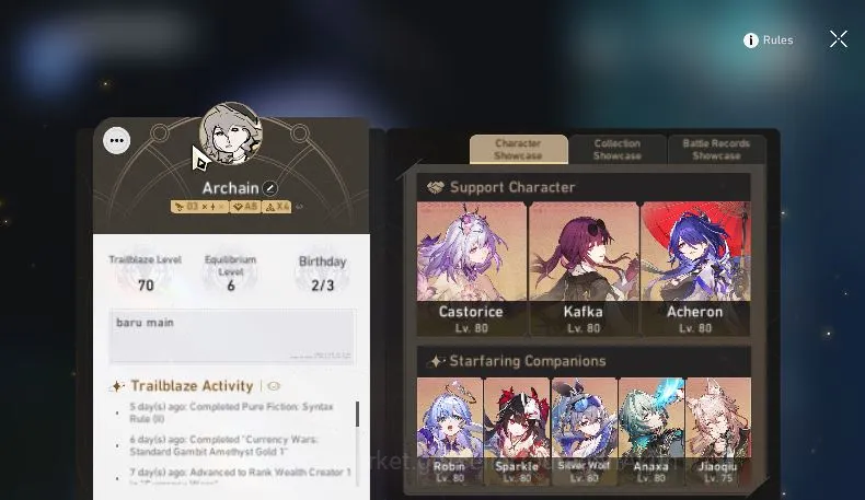 Honkai Star Rail Mid Game Asia|TL 70|15 Limited|[Castorice,Acheron E2,Kafka  image 1