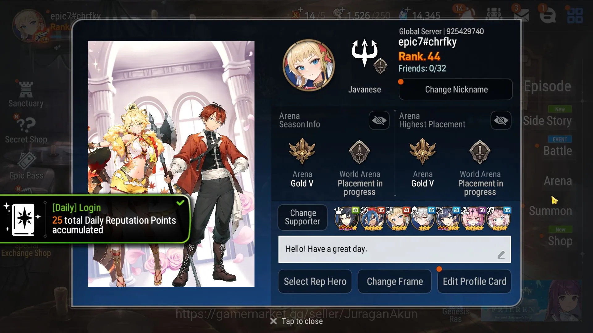 Epic Seven Accounts Mid-Tier Global Unverif|7ML(Luluca,Tenebria,SS Snow,Arc Shadow)(Stark)Arunka|1.5K Energy,14.3k